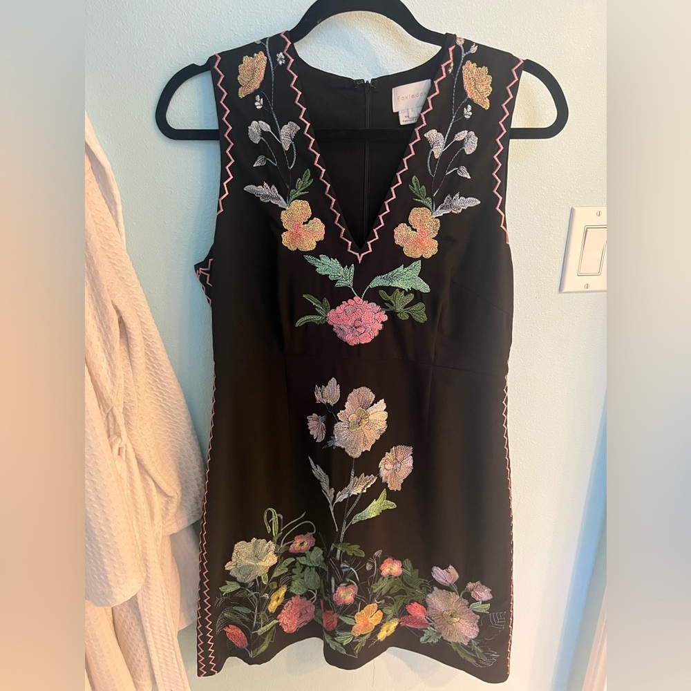 Foxiedox black dress with embroidery floral print. Size 8